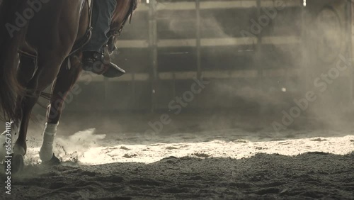 Close up horse hooves step ground. Dust and smoke swirls. Slow motion. Equestrian sport and active lifestyle. Animals concept.