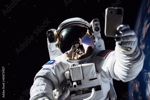 Astronaut using smartphone in outer space, generative ai