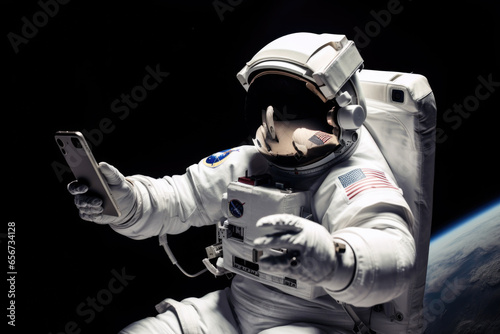 Astronaut using smartphone in outer space, generative ai