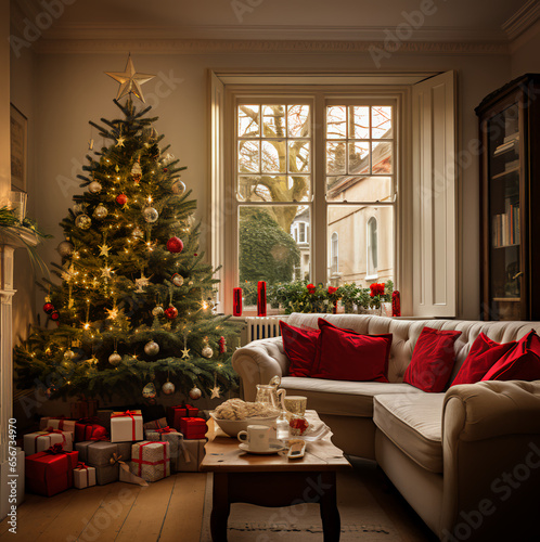 Christmas tree, attractive living room, London, beautiful place, living room decorated with a Christmas tree, winter atmosphere