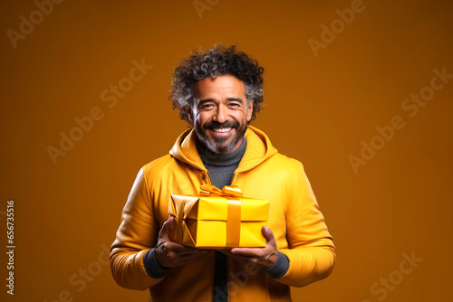 Banner of man smiling and carrying a gift box. Delivery male in casual clothes holding present against yellow orange solid studio background. Holiday celebration advertisement concept © Valeriia