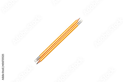 Two pencils isolated on a white background. Yellow simple pencils. Rubber pencil