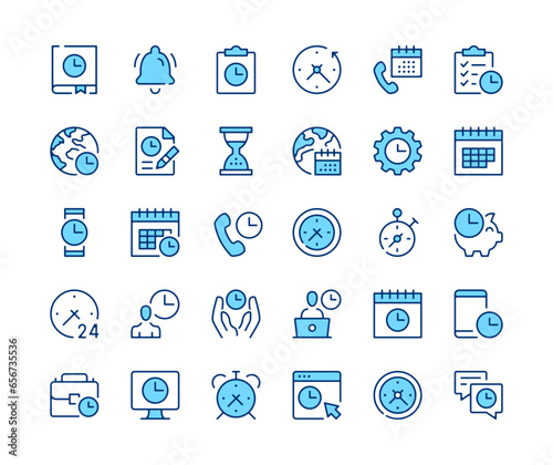 Time icons set. Vector line icons. Blue color outline stroke symbols. Modern concepts