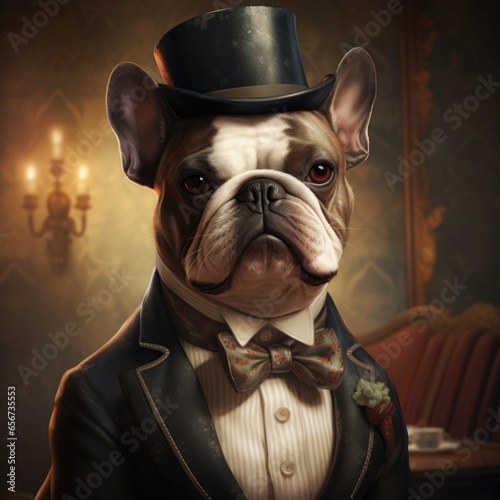 A bulldog wearing a tuxedo and a top hat. Generative AI.