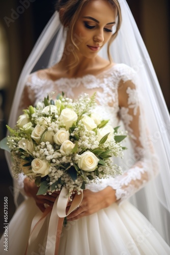 A bride holding a bouquet. ...