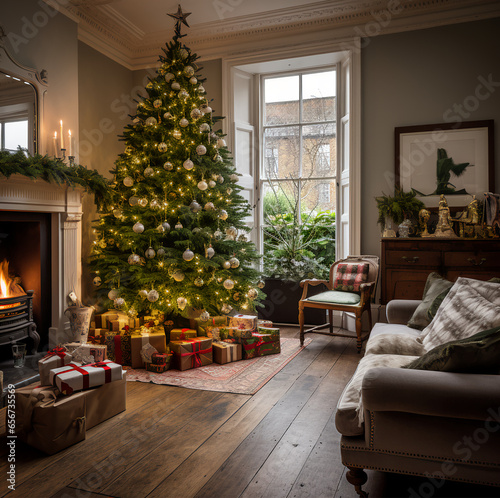 Christmas tree, quirky living room, London, beautiful place, living room with a Christmas tree, winter atmosphere, living room decorated for Christmas celebrations © Kholoud