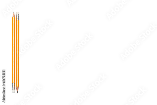 Two pencils isolated on a white background. Yellow simple pencils. Rubber pencil