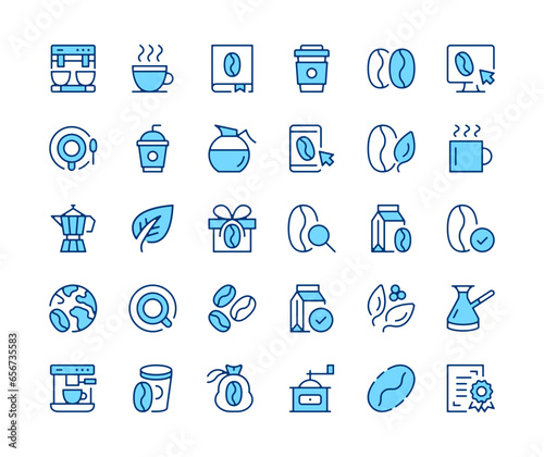 Coffee icons set. Vector line icons. Blue color outline stroke symbols. Modern concepts