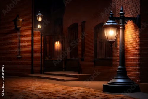 A photorealistic 3D rendering of a vintage street lamp against a brick wall at night.