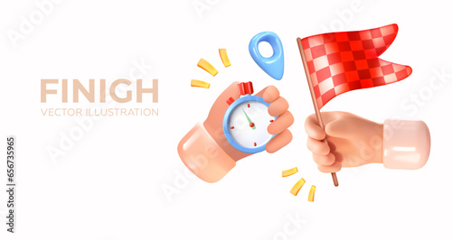 Stopwatch and finish flag in hand. Man holding a Checkered race flag. In 3D style. Vector illustration.