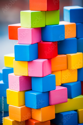 Stack of colorful blocks sitting on top of each other.
