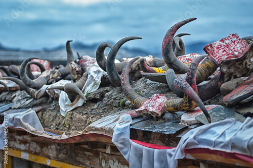 Tibetan Buddhism yak horns with mantras kora mantras Tashilunpo Monastery Shigatse Tibet China photo