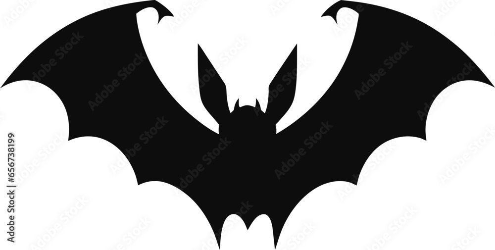 Bat vector silhouette illustration isolated on white background. Open wings beast. Night animal. Scary vampire symbol. Halloween sign. Blood sucker flying muse. Corona viruses. Coronaviruses.