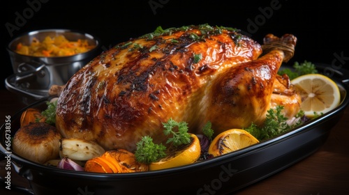 roasted turkey on a tray, thanksgiving day