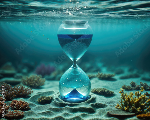 concept hourglass at the bottom of the sea