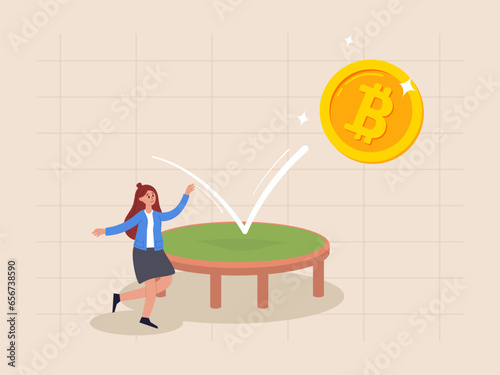 Bitcoin price rebound concept, crypto currency bounce back to rising up after falling down , businesswoman jumping for joy golden bitcoin bounce back on the trampoline rising up on price graph.