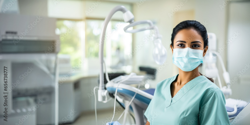 Young woman working as dentist, female in face mask posing at her office or clinic. Generative AI Young woman working as dentist, female in face mask posing at her office or clinic. Generative AI