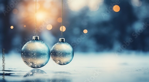 Christmas Balls over a Light Surface on a snowy Winter X Mas background.