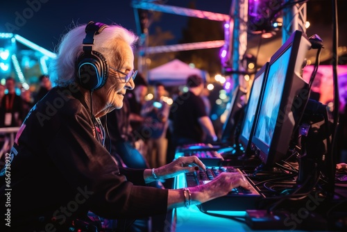 An elderly pc gamer winning a game.