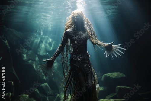 Full body shot of a mermaid underwater. photo