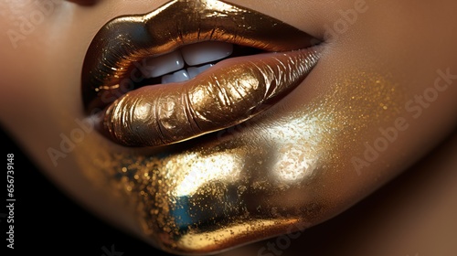 Macro Photography of a Woman's Golden Lip. Fashion Lady. Reflective and Shiny Lip.