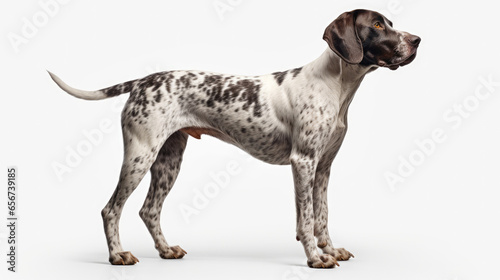 Full-body portrait photograph of a brown and white English pointer dog isolated against a white background.