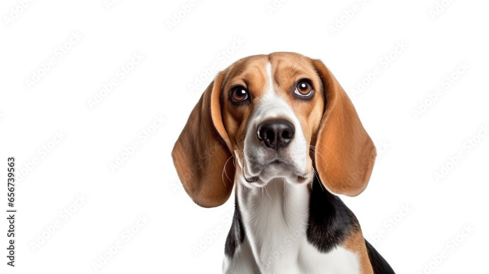 Portrait of a cute beagle with a thoughtful expression, isolated against a white background.
