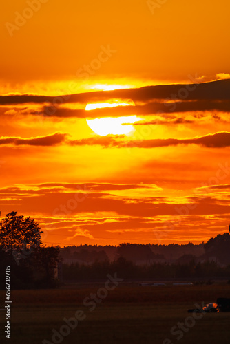 Fototapeta Naklejka Na Ścianę i Meble -  Beautiful cloudy red sunset with gigantic sun over big fields and trees seen by 600mm camera lens