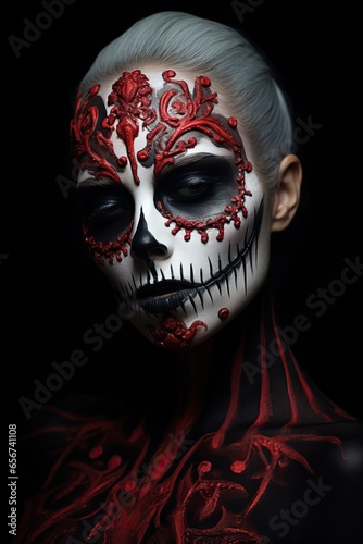 Woman Disguised as White and Red Skull on a Dark Background. Scary Disguise.