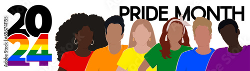 LGBT long banner. Silhouettes of diverse people are painted in the colors of the rainbow. Pride Month  2024. A place for text. Vector flat illustration.