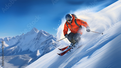 The skilled skier, dressed in vivid winter attire, effortlessly glides through the fresh powder with precision. A skier rides down the slope in winter, skiing on snowy mountains. © Tanuha