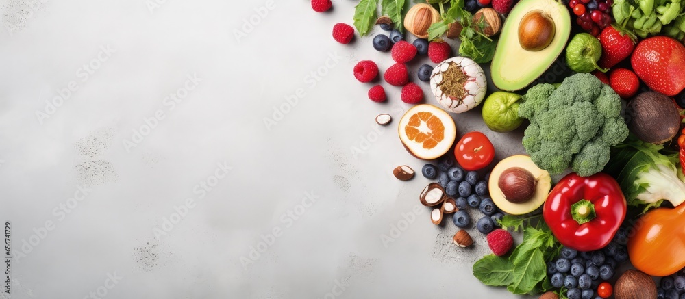 Vegetarian meal with rich fiber immune boosting fresh produce nuts mushrooms berries On gray stone Overhead view with copyspace for text Vegetarian meal with rich fiber immune boosting fresh produce nuts mushrooms berries On gray stone Overhead view with copyspace for text