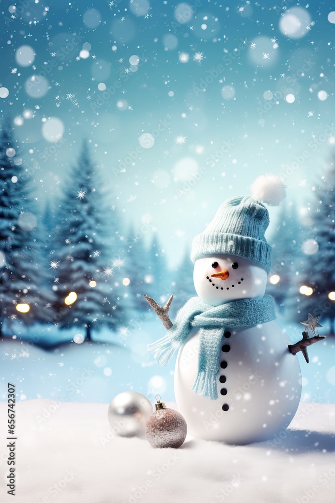 Happy Snowman over a Snowy Background. X Mas Season. December 25th Event. Happy Snowman over a Snowy Background. X Mas Season. December 25th Event.