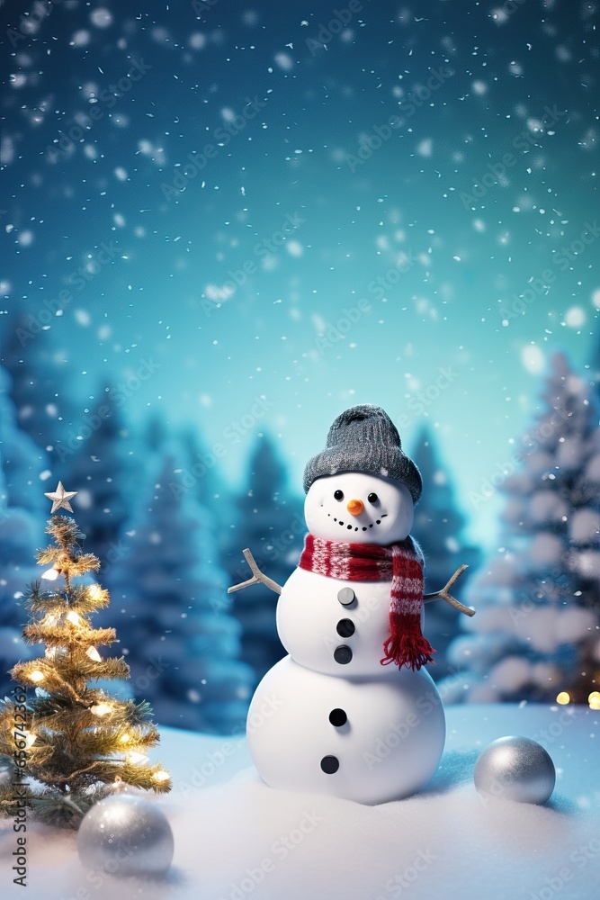 Happy Snowman over a Snowy Background. X Mas Season. December 25th Event.