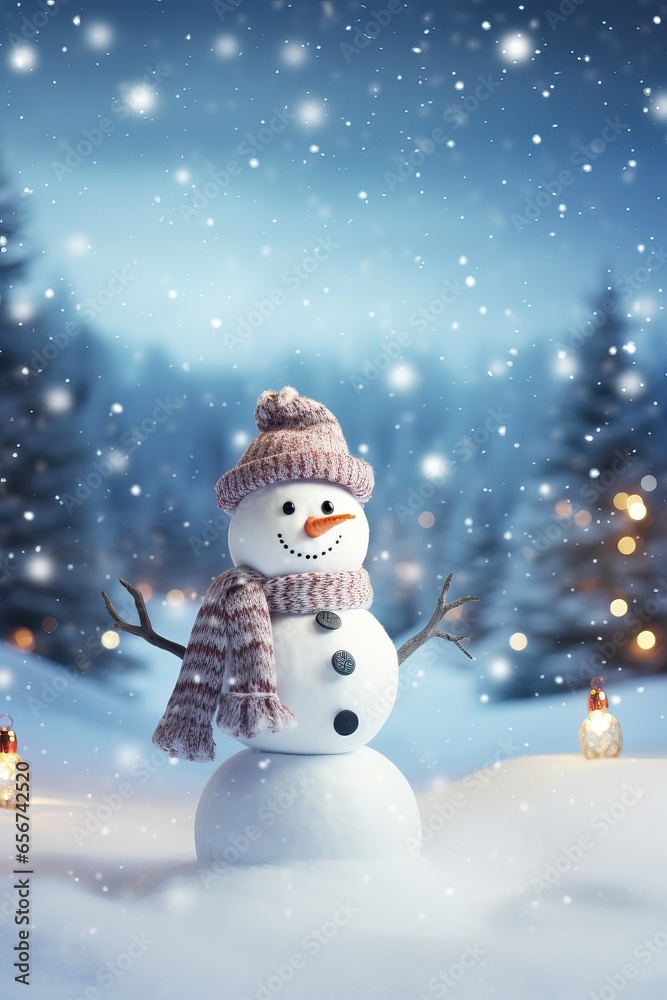 Happy Snowman over a Snowy Background. X Mas Season. December 25th Event.