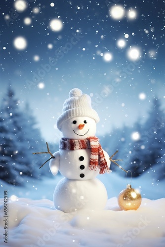 Happy Snowman over a Snowy Background. X Mas Season. December 25th Event. © Luca