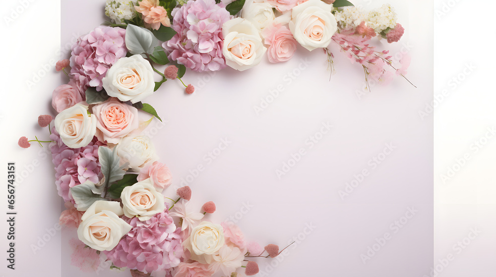 Flat lay of various flowers in pastel colors with copy space