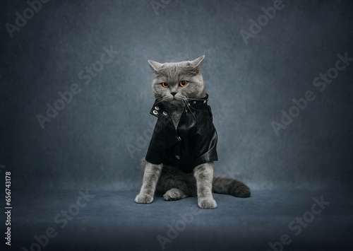 British cat in a black leather jacket on blue background. Brutal biker cat. Funny cat in costume. Copy space. Rock style. Pets fashion.