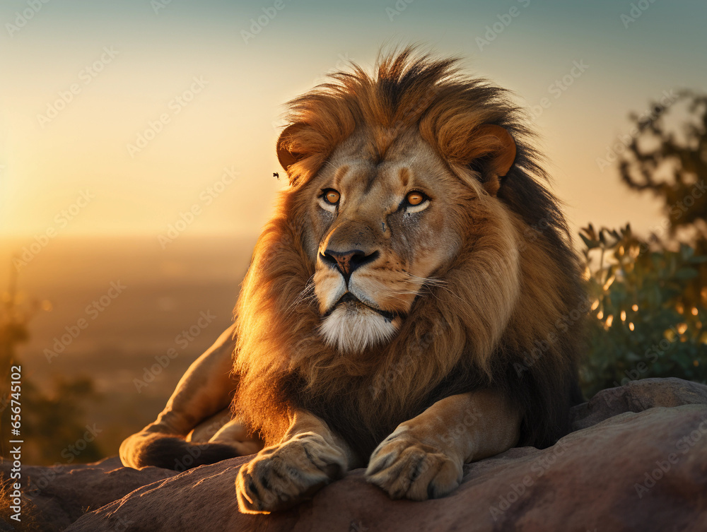 A majestic lion lying on a rock, mane beautifully lit by the sun, against a savannah backdrop
