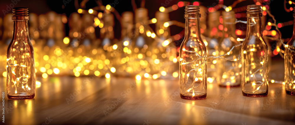 Glass bottle with Christmas string light. Christmas LED string lights in a bottle on a wooden table
