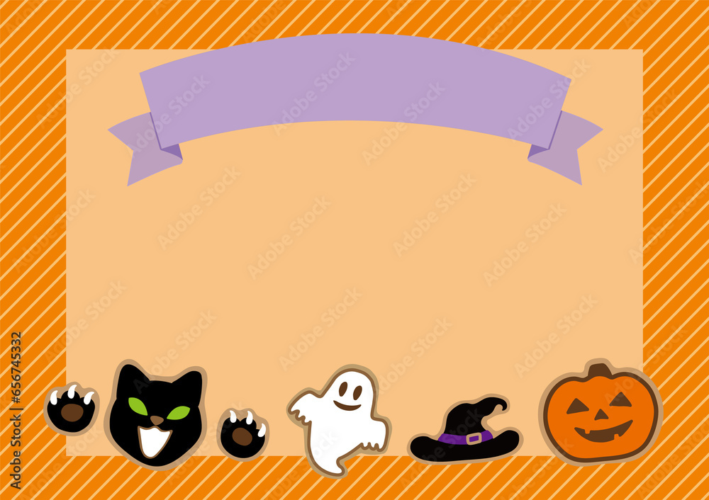 Fototapeta premium Halloween illustration A4 template with icing cookies of jack o' lantern, black cat, ghost and ribbon. Cute and fun horizontal halloween background for flyer, card or poster design