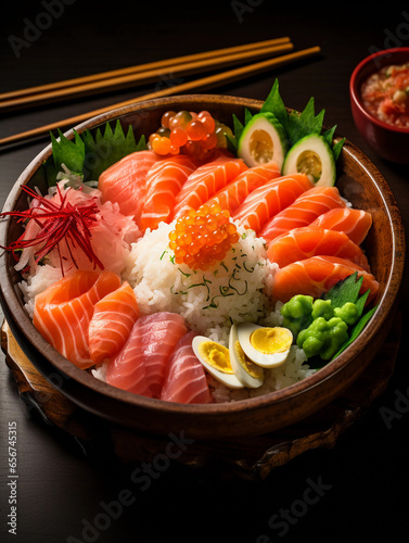 Chirashi bowl, scattered sushi, assorted fish, pickled vegetables, and rice in a wooden bowl