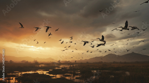 flock of African birds flying against dramatic sky, rays of sunlight piercing through clouds