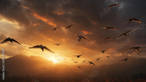 flock of African birds flying against dramatic sky, rays of sunlight piercing through clouds © Marco Attano