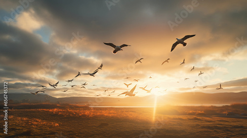 flock of African birds flying against dramatic sky, rays of sunlight piercing through clouds