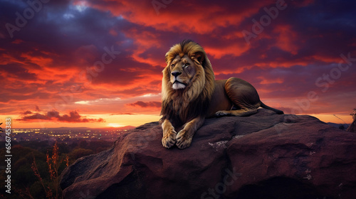 lone lion atop a rock  overlooking savannah  dramatic skies  sunset colors