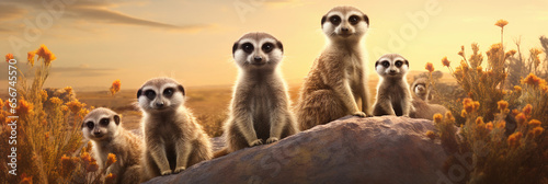 meerkat family, standing upright, alert, observing horizon, pink and orange sky