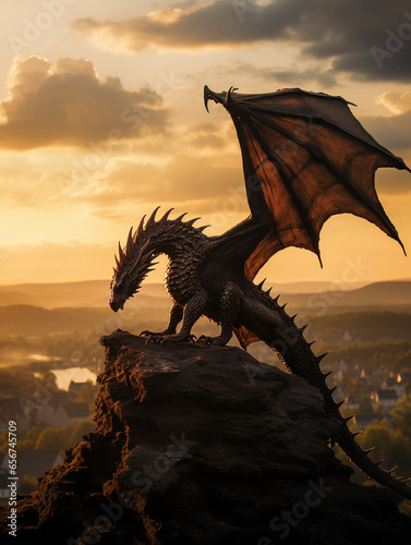 Wyvern perched on a cliff, overlooking a medieval battlefield, sunset