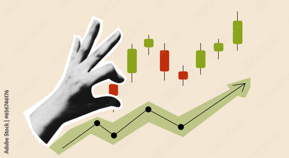 Halftone Hands manage the Japanese candles of the bitcoin cryptocurrency growth graph. stylish vector monochrome retro y2k banner