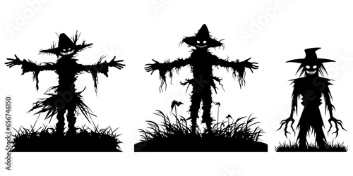Black Icon Set of Creepy Scarecrow Vector: Isolated Halloween Collection of Scary Garden Scarecrow
